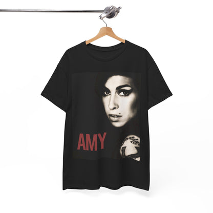 A black graphic t-shirt featuring a stylized graphic of Amy Winehouse, designed to represent her enduring legacy, possibly with her name or iconic elements.