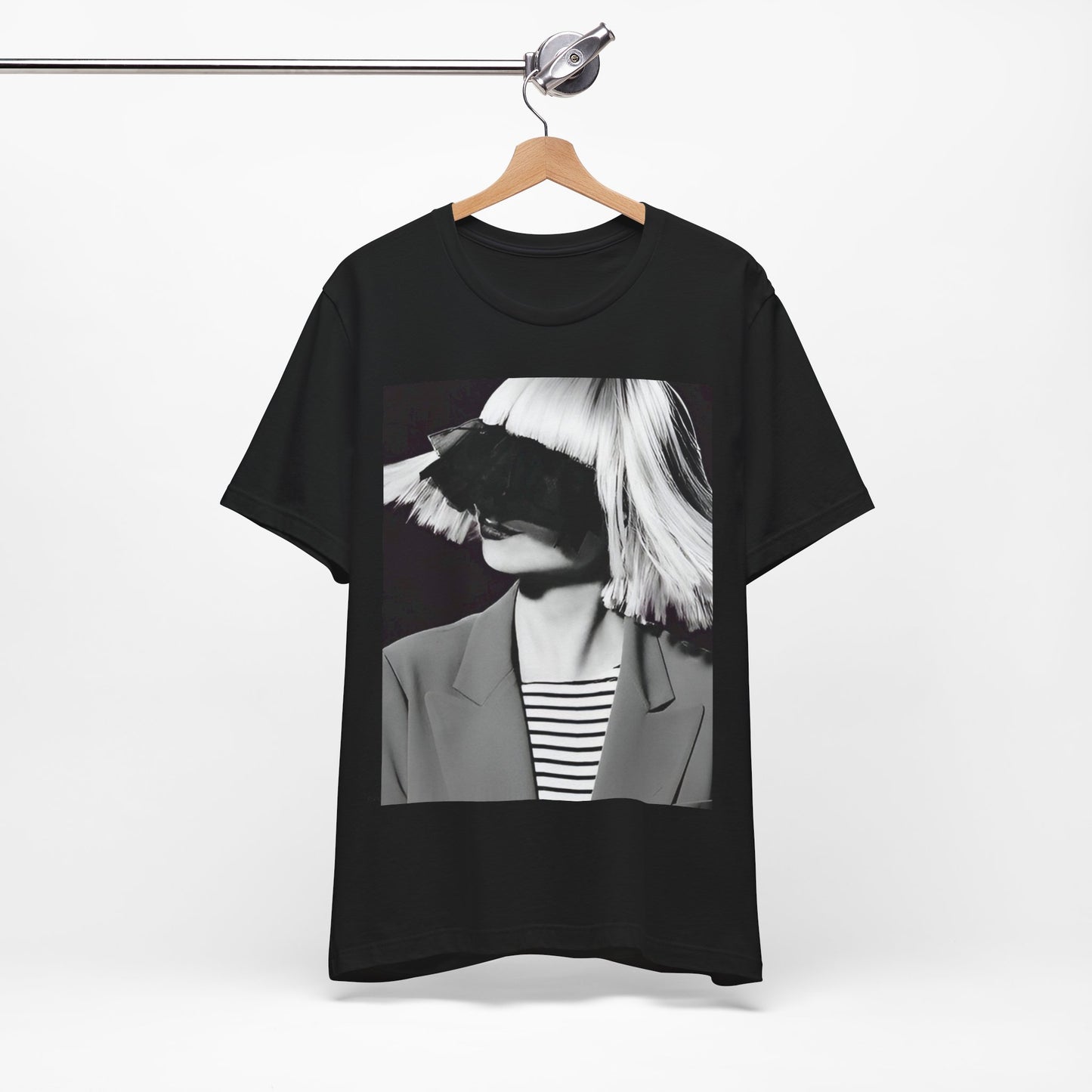 A black graphic t-shirt featuring a black and white portrait photo of Sia.