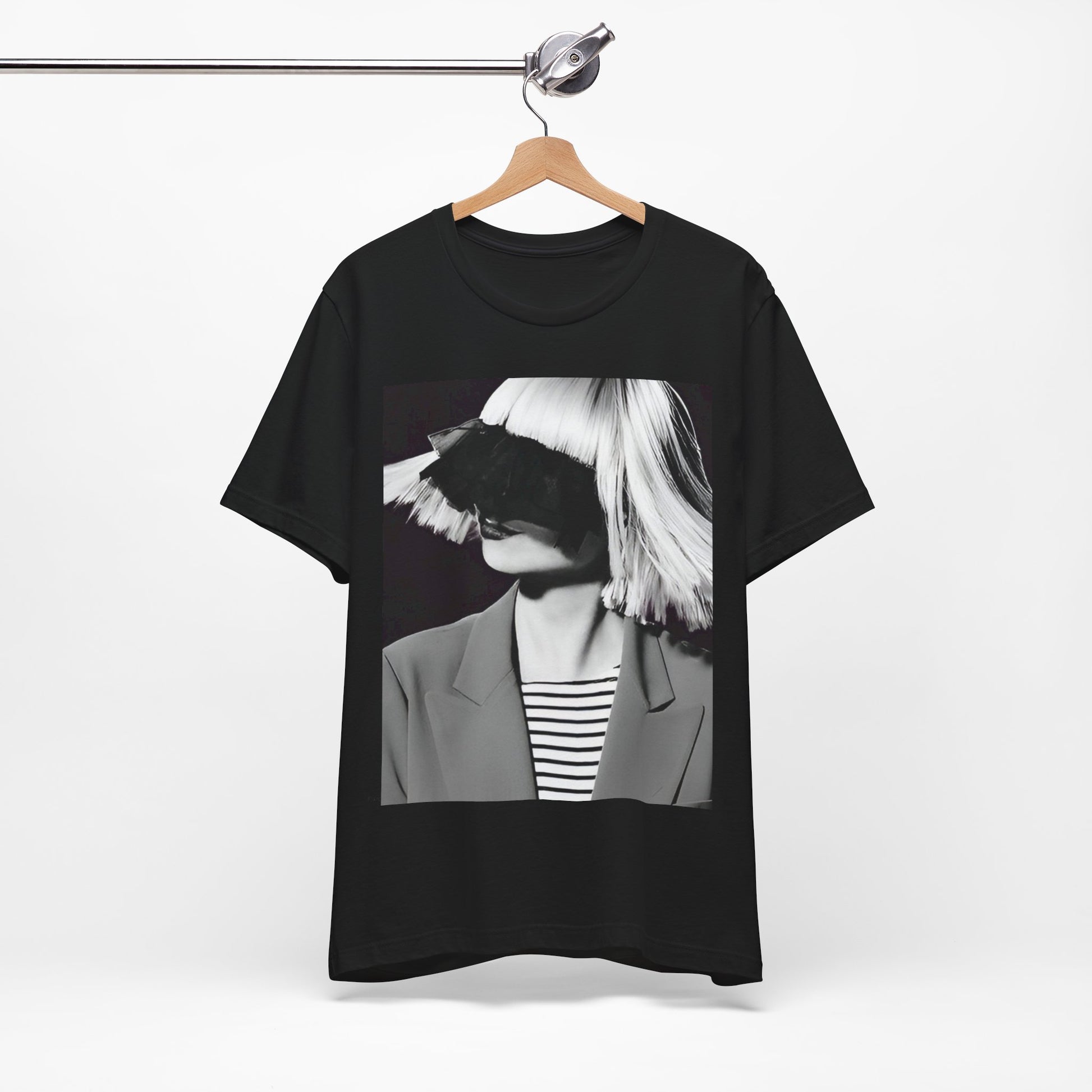 A black graphic t-shirt featuring a black and white portrait photo of Sia.
