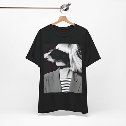 A black graphic t-shirt featuring a black and white portrait photo of Sia.