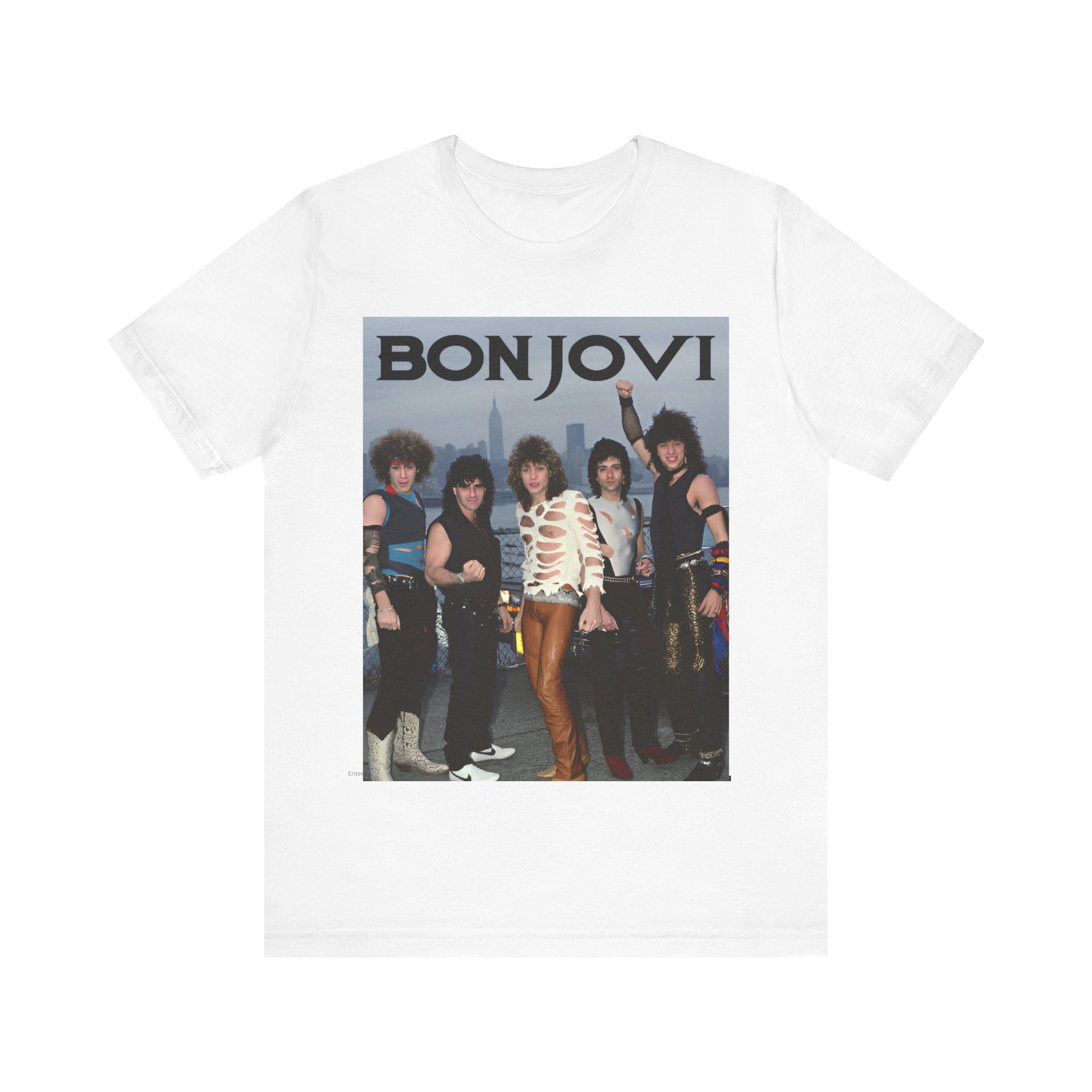 A black graphic t-shirt featuring a graphic related to Bon Jovi's 'Livin' on a Prayer' song or era from the 1980s.