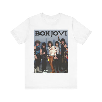 A black graphic t-shirt featuring a graphic related to Bon Jovi's 'Livin' on a Prayer' song or era from the 1980s.
