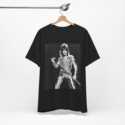 A black graphic t-shirt featuring a 70s black and white monochrome graphic or photo of Rod Stewart.
