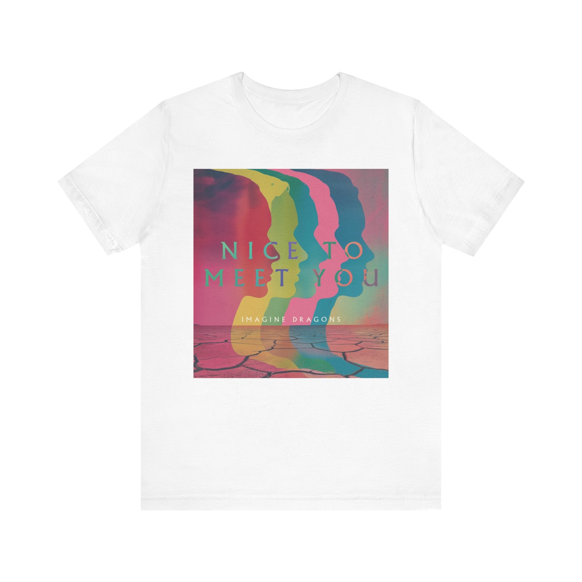A black graphic t-shirt featuring a graphic related to Imagine Dragons' 'Nice to Meet You' song or a welcoming theme.