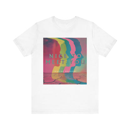 A black graphic t-shirt featuring a graphic related to Imagine Dragons' 'Nice to Meet You' song or a welcoming theme.