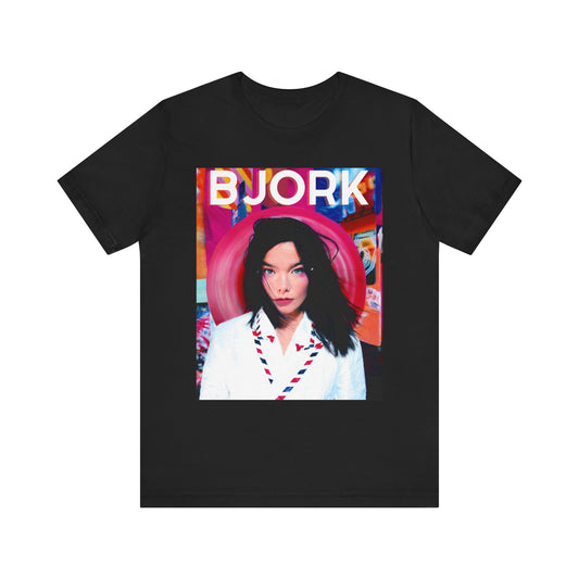 A black graphic t-shirt featuring an artistic or aesthetic pop art graphic of Bjork, with vibrant colors or bold lines.
