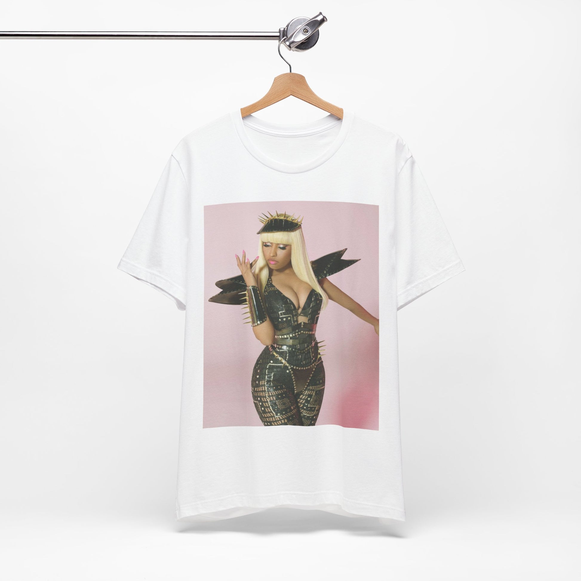 A black graphic t-shirt featuring a high fashion street vibe graphic of Nicki Minaj.