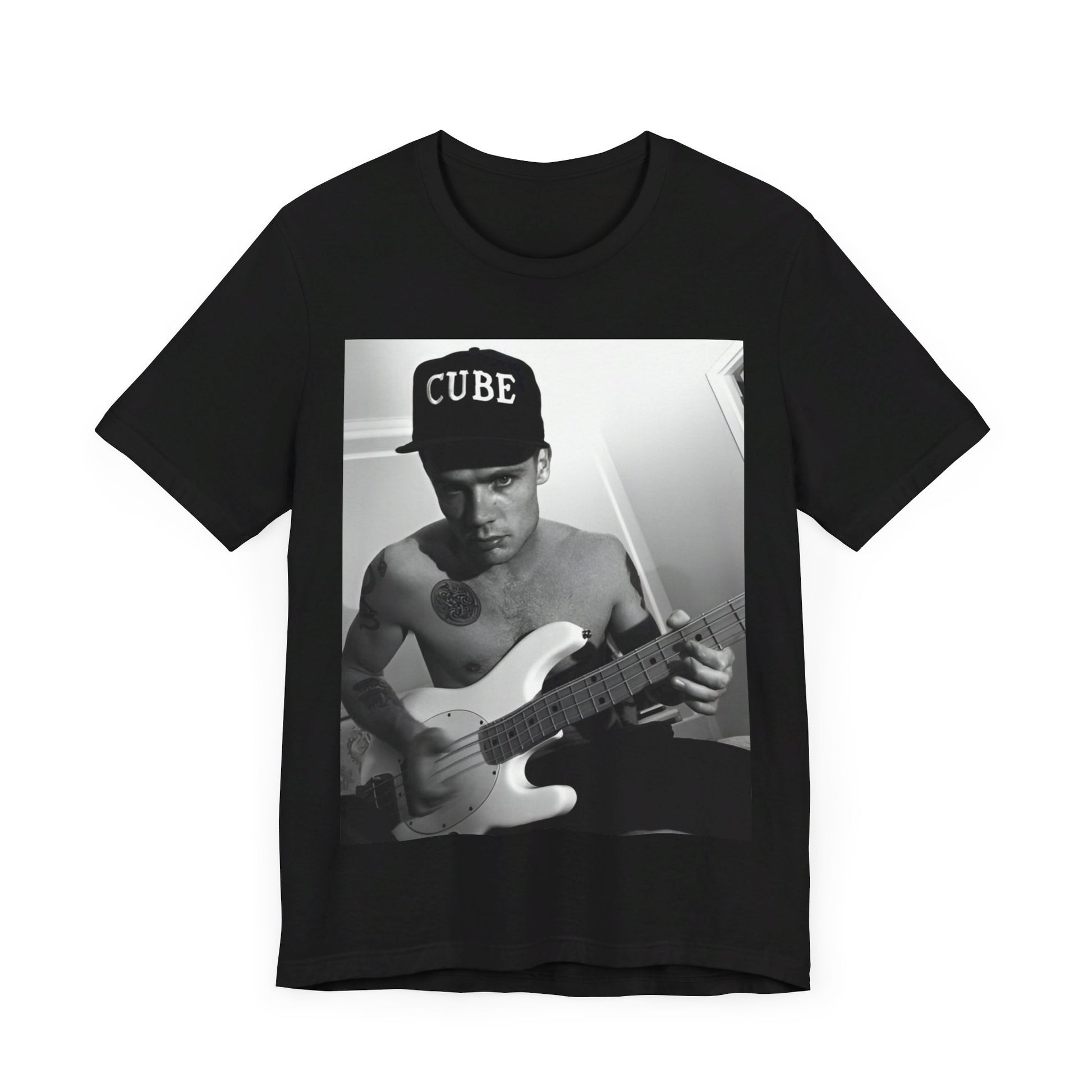 A black graphic t-shirt featuring a black and white graphic or photo of Flea from Red Hot Chili Peppers performing live on stage.
