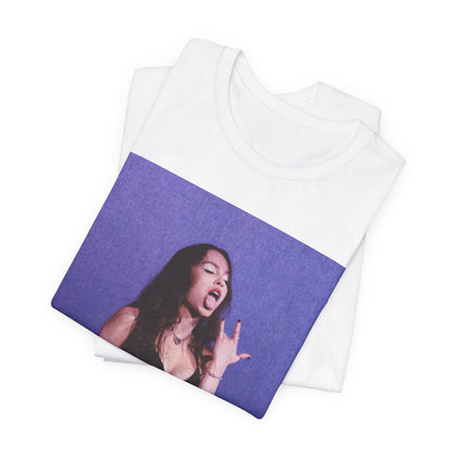 A black graphic t-shirt featuring a vintage alt pop graphic of Olivia Rodrigo.