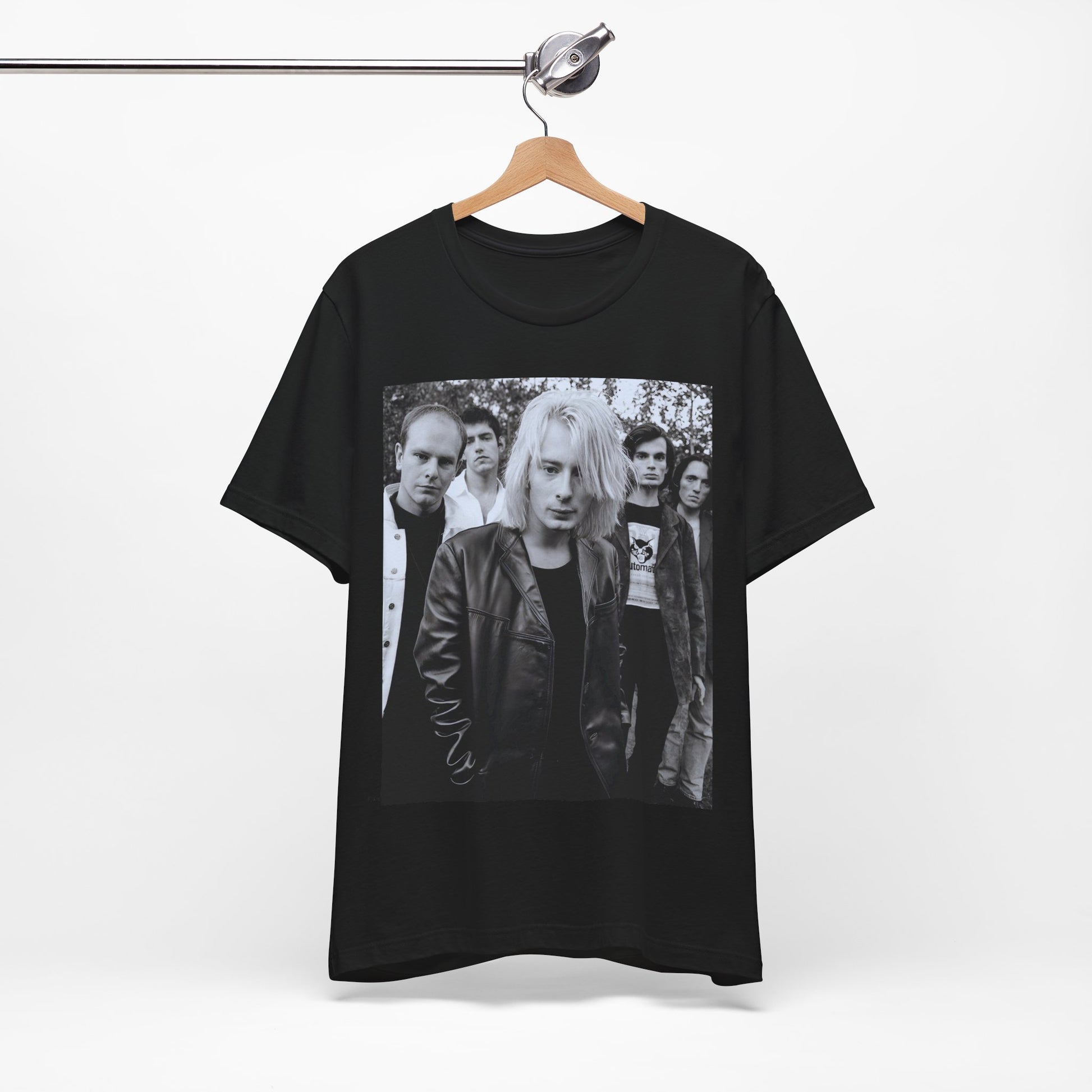 A black graphic t-shirt featuring a cool experimental rock graphic of Radiohead.