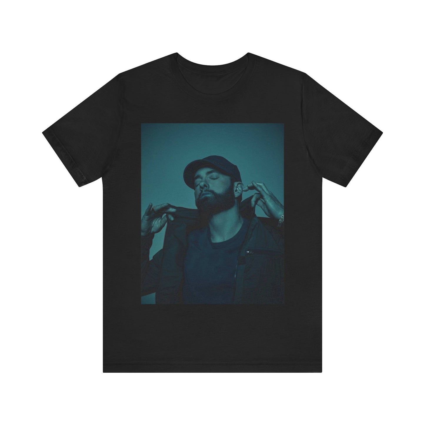 A black graphic t-shirt featuring a graphic of Eminem as a 'Rap God'.