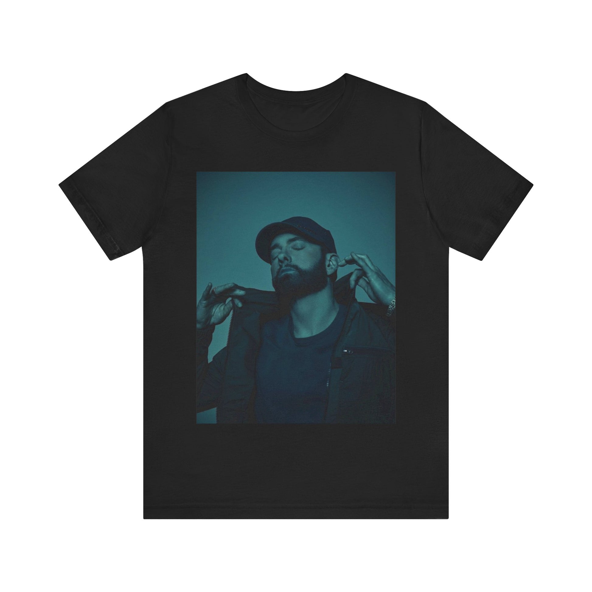 A black graphic t-shirt featuring a graphic of Eminem as a 'Rap God'.