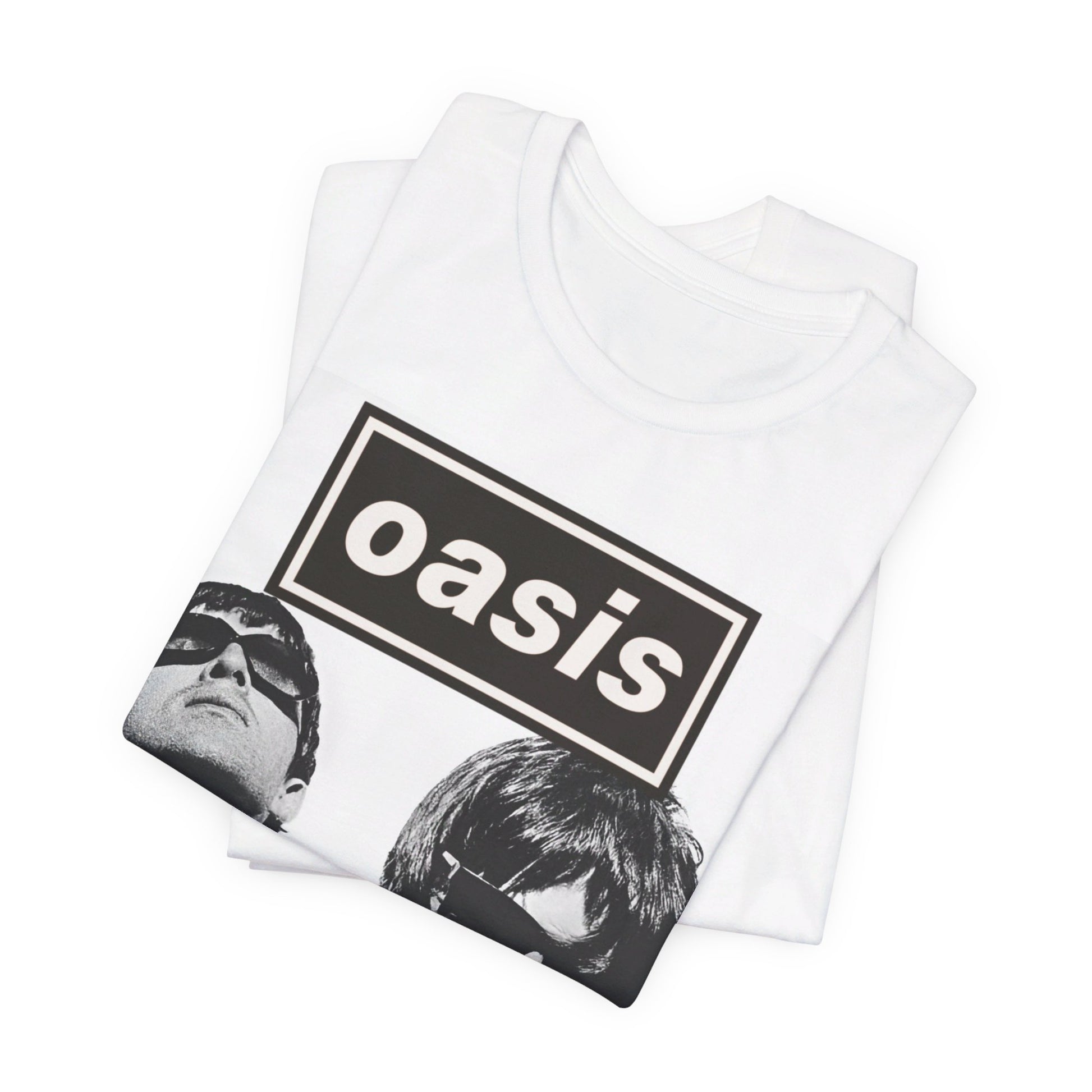 A black graphic t-shirt featuring a bold rock superstar graphic of Oasis.