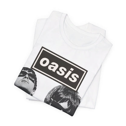 A black graphic t-shirt featuring a bold rock superstar graphic of Oasis.