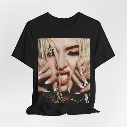 A black graphic t-shirt featuring a graphic of Ava Max with a pop punk aesthetic, possibly with bold lines, vibrant colors, or edgy elements.