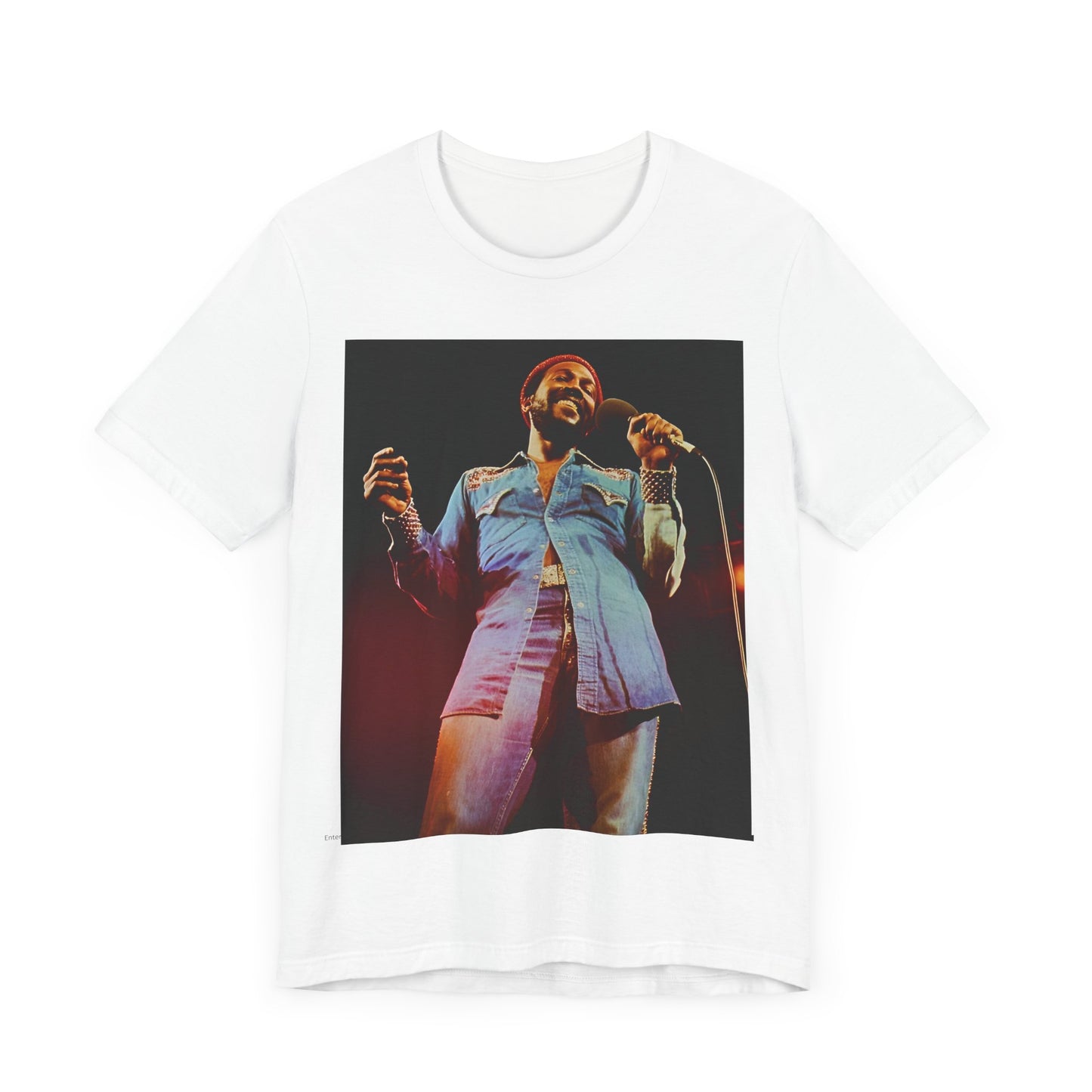 A black graphic t-shirt featuring a graphic of Marvin Gaye with groovy funk vibes.