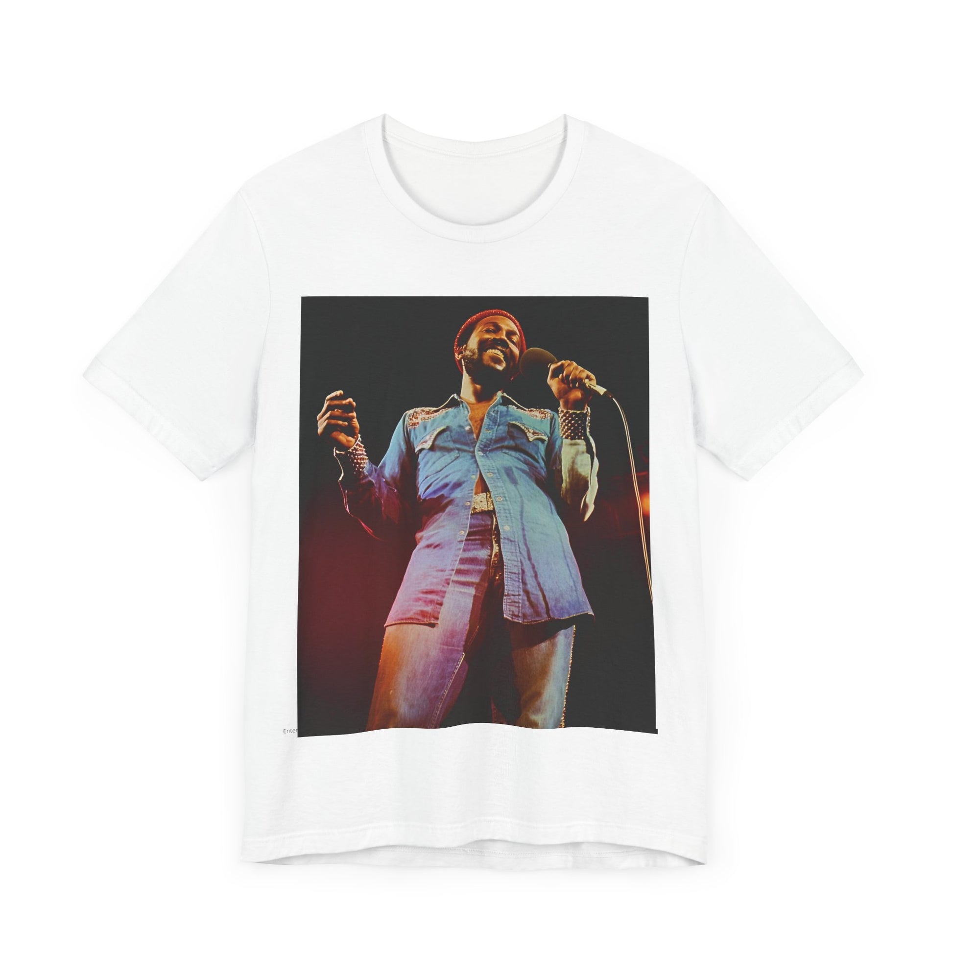 A black graphic t-shirt featuring a graphic of Marvin Gaye with groovy funk vibes.