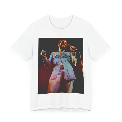 A black graphic t-shirt featuring a graphic of Marvin Gaye with groovy funk vibes.