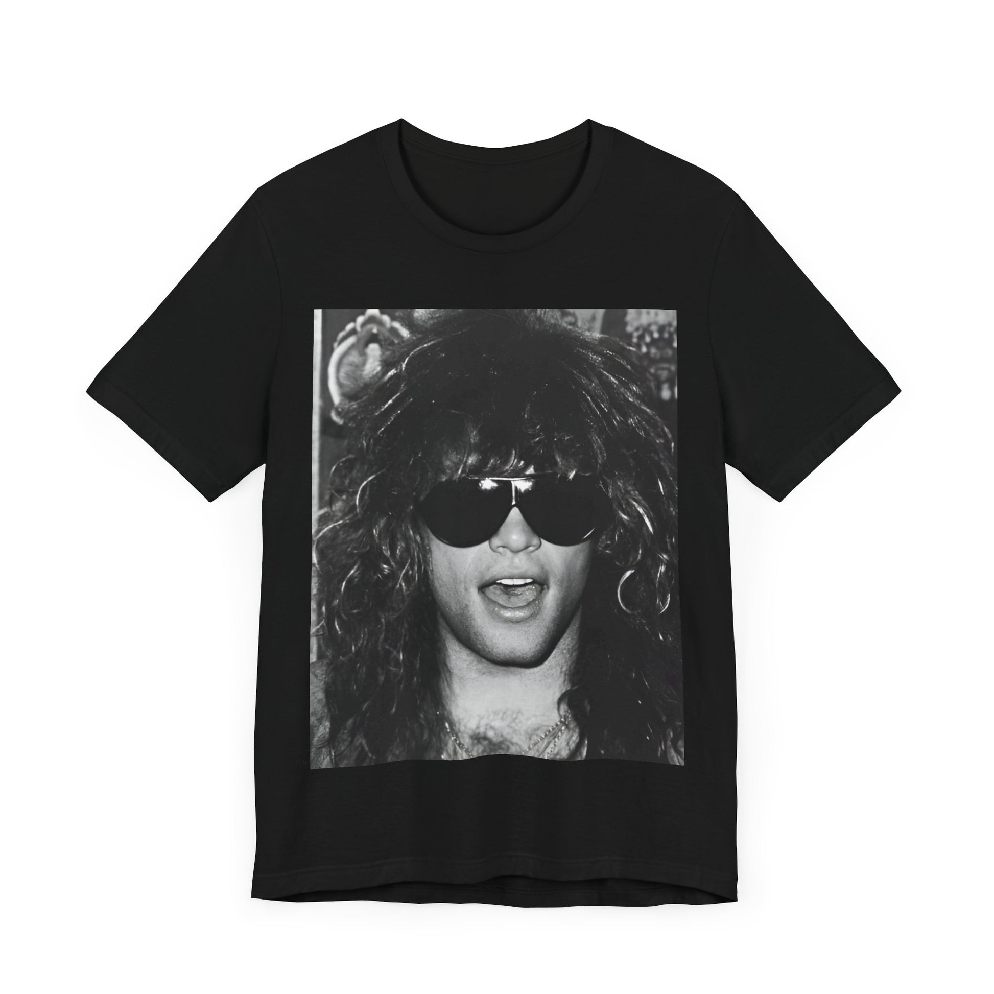 A black graphic t-shirt featuring a graphic or photo of Bon Jovi in a backstage setting.