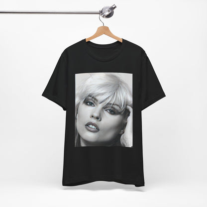 A black graphic t-shirt featuring an iconic black and white portrait photo of Debbie Harry from Blondie.