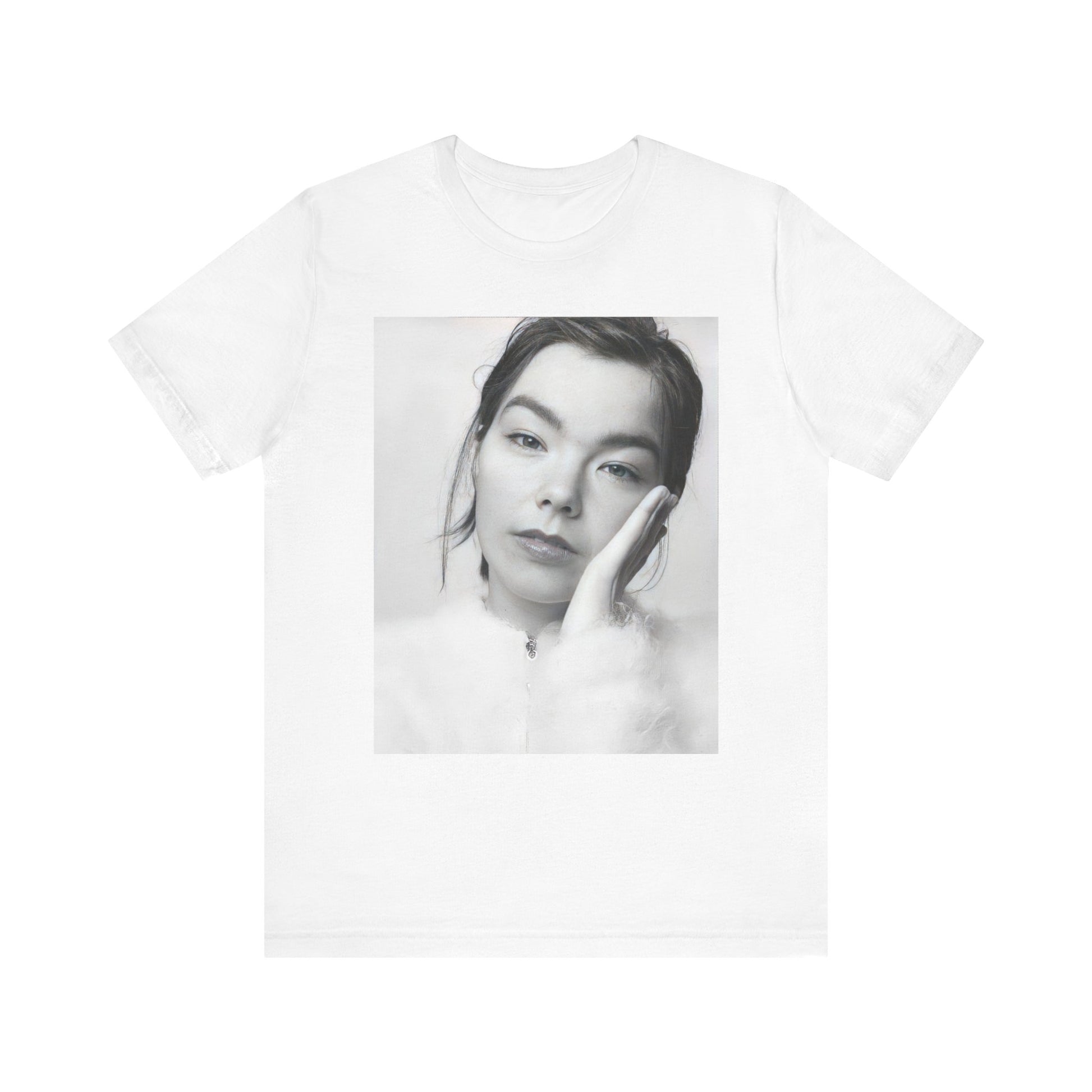A black graphic t-shirt featuring a graphic related to Bjork's 'Post' album era, possibly with album art elements.
