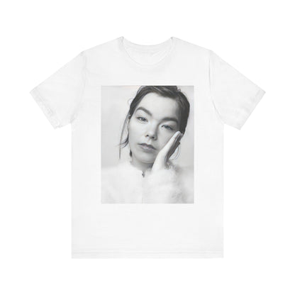 A black graphic t-shirt featuring a graphic related to Bjork's 'Post' album era, possibly with album art elements.