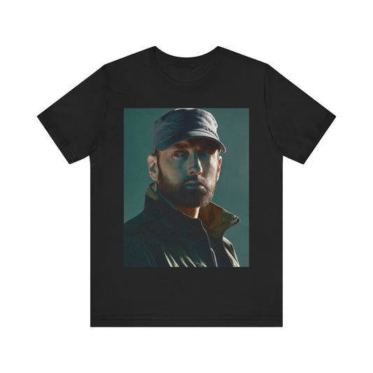 A black graphic t-shirt featuring a graphic of Eminem as a rap genius.