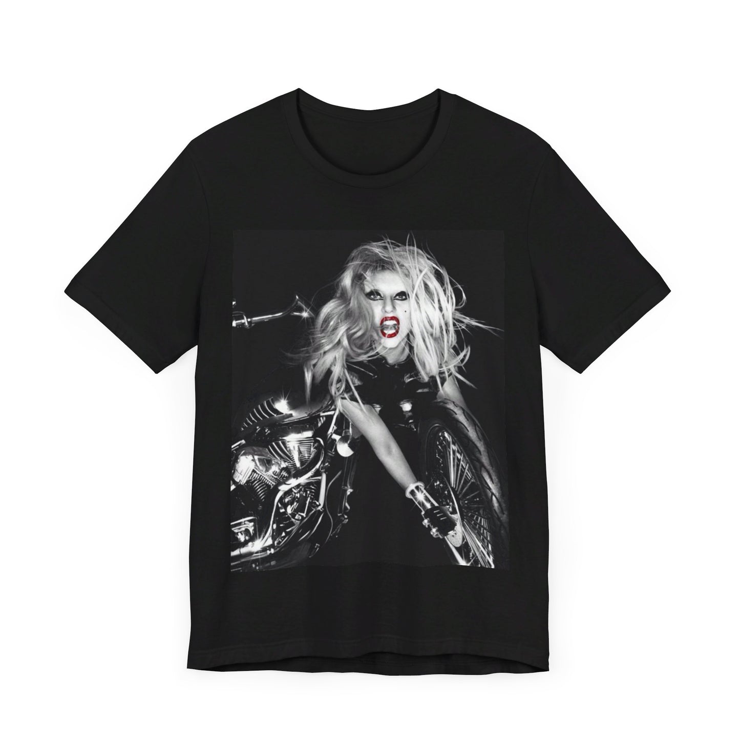 A black graphic t-shirt featuring a vintage black and white pop icon graphic of Lady Gaga.