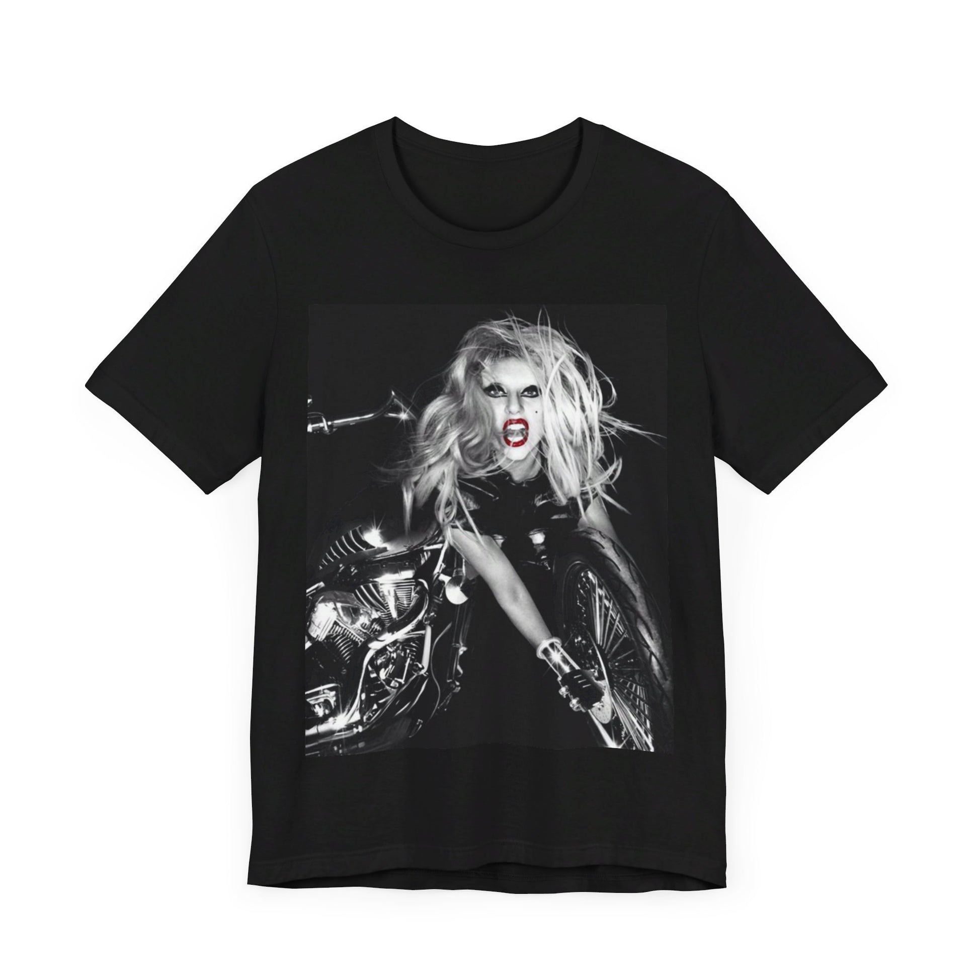 A black graphic t-shirt featuring a vintage black and white pop icon graphic of Lady Gaga.