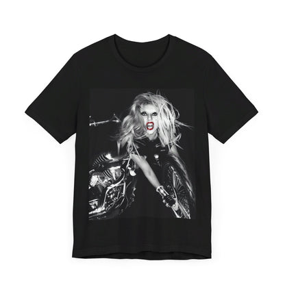 A black graphic t-shirt featuring a vintage black and white pop icon graphic of Lady Gaga.