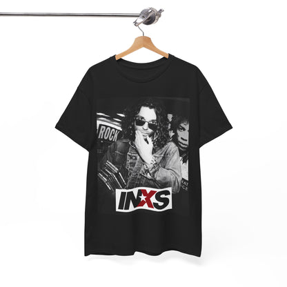 A black graphic t-shirt featuring a black and white, monochrome graphic or photo of INXS.