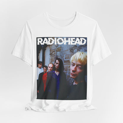 A black graphic t-shirt featuring a 90s graphic related to Radiohead's 'Karma Police' song or era.