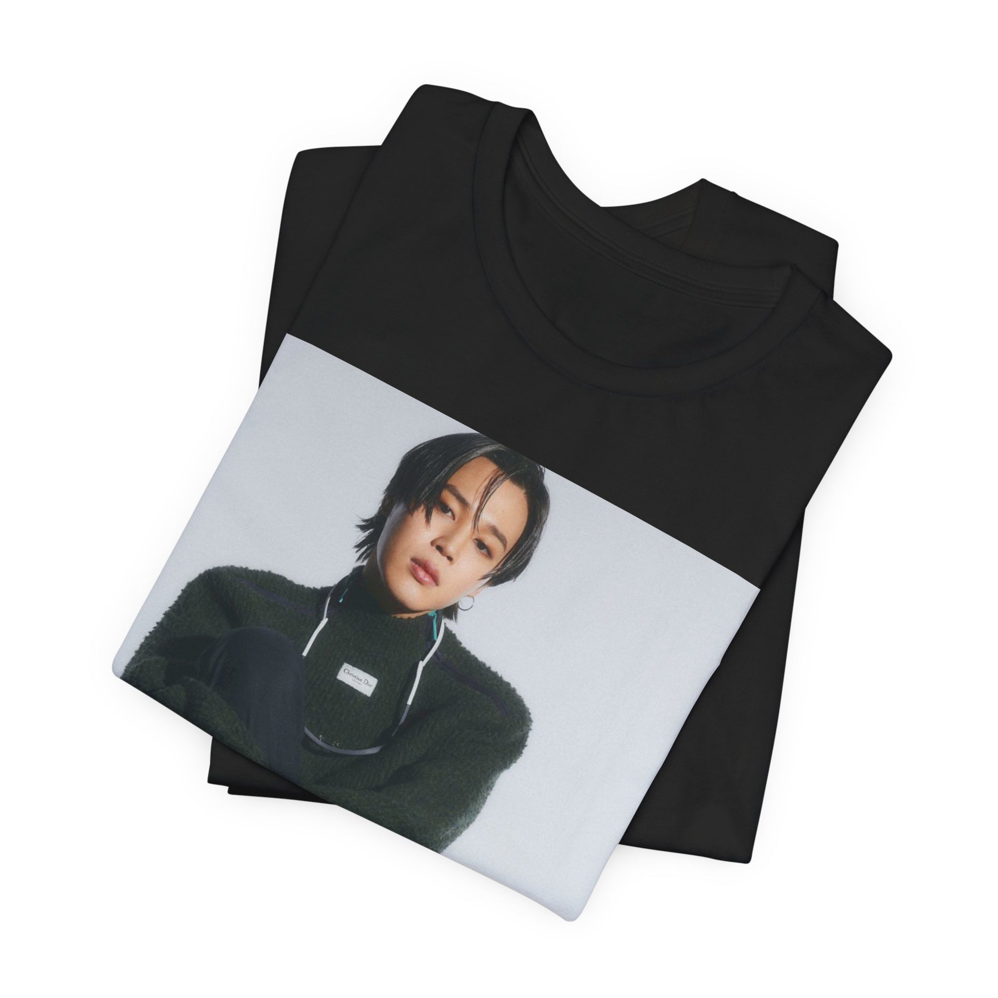 A black graphic t-shirt featuring a modern K-Pop essential graphic of Jimin.