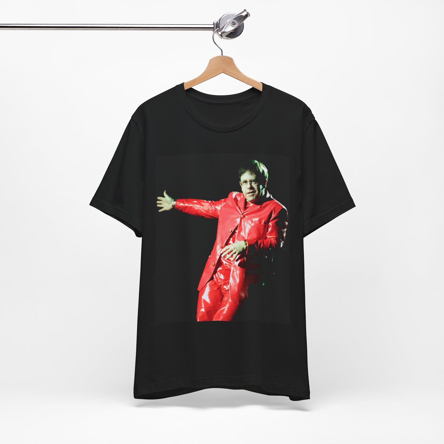 A black graphic t-shirt featuring a vintage photo portrait of Elton John as a music legend.