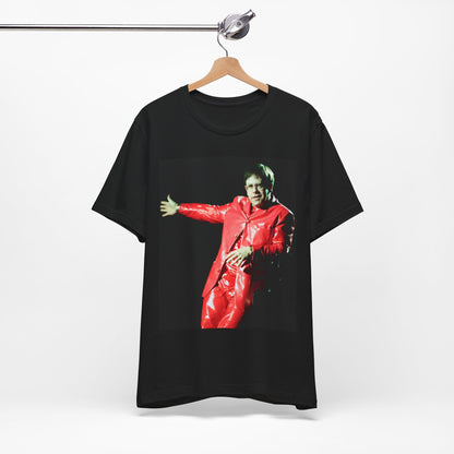 A black graphic t-shirt featuring a vintage photo portrait of Elton John as a music legend.