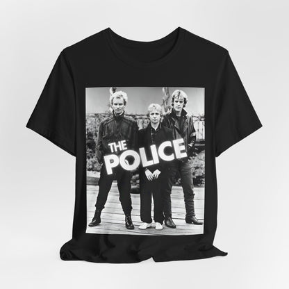 A black graphic t-shirt featuring an 80s pop rock aesthetic black and white graphic of The Police.
