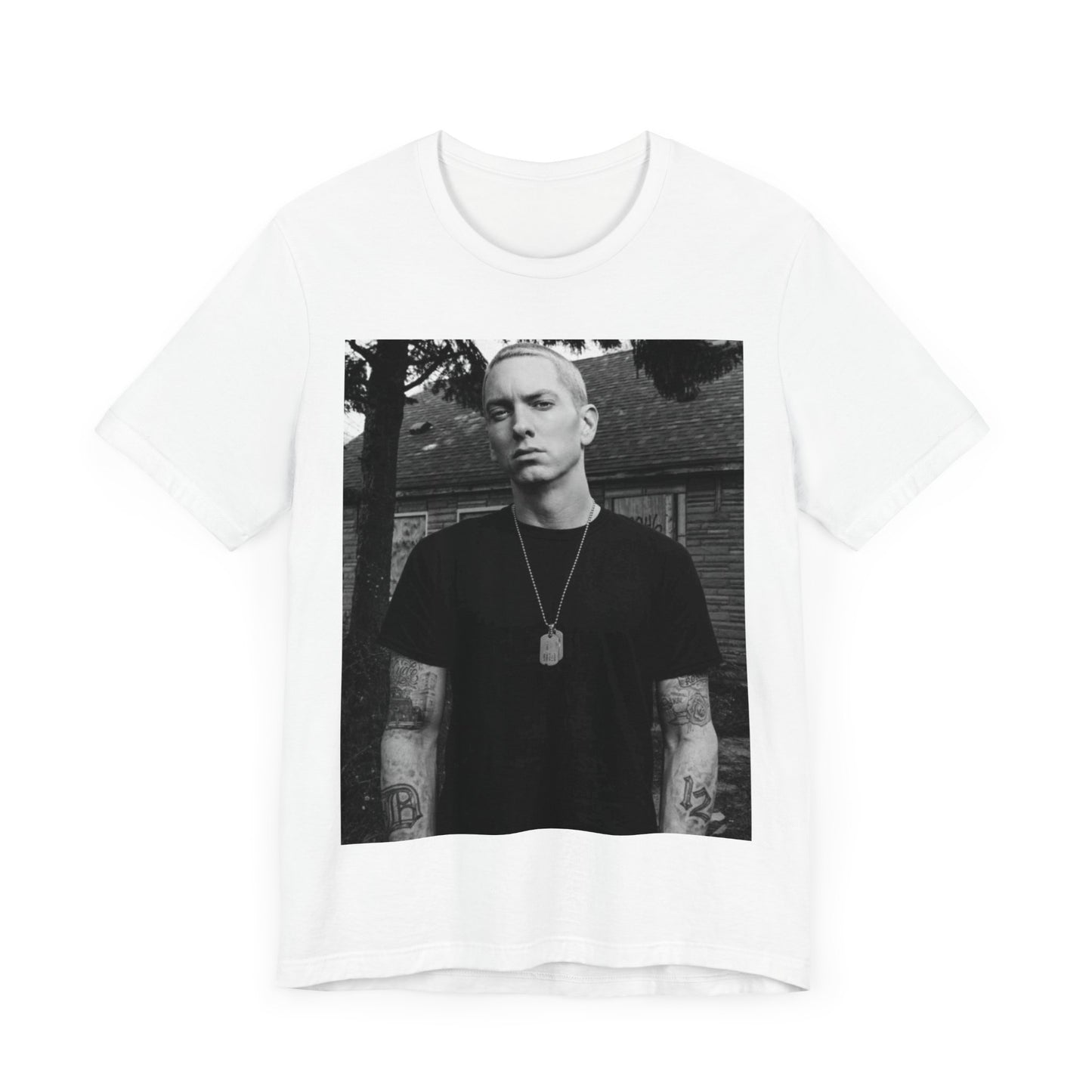 A black graphic t-shirt featuring a black and white graphic of Eminem as Slim Shady.