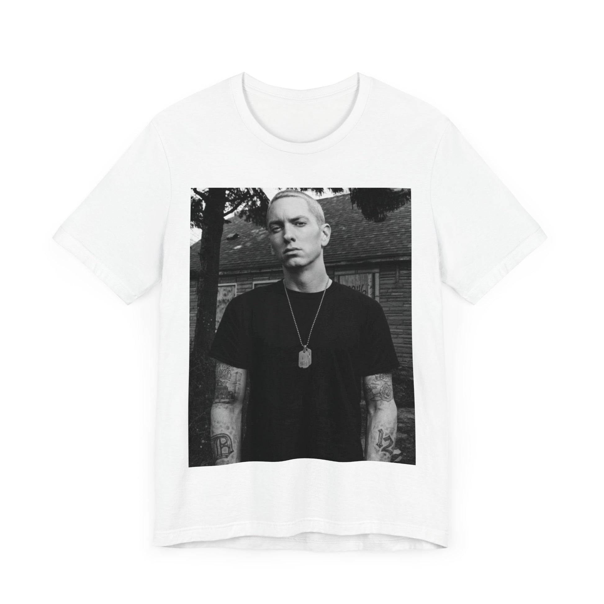 A black graphic t-shirt featuring a black and white graphic of Eminem as Slim Shady.