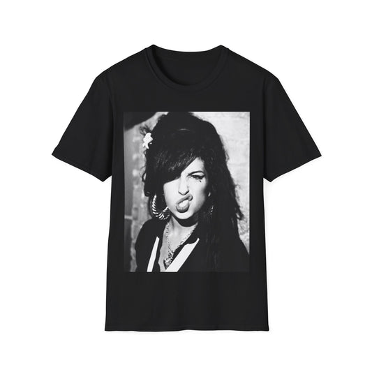 A black graphic t-shirt featuring a bold graphic of Amy Winehouse, possibly with text like "Bad Girl" or a rebellious pose.