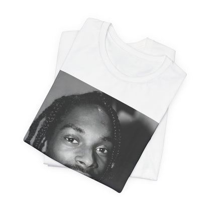 A black graphic t-shirt featuring a modern rap essential graphic of Snoop Dogg.