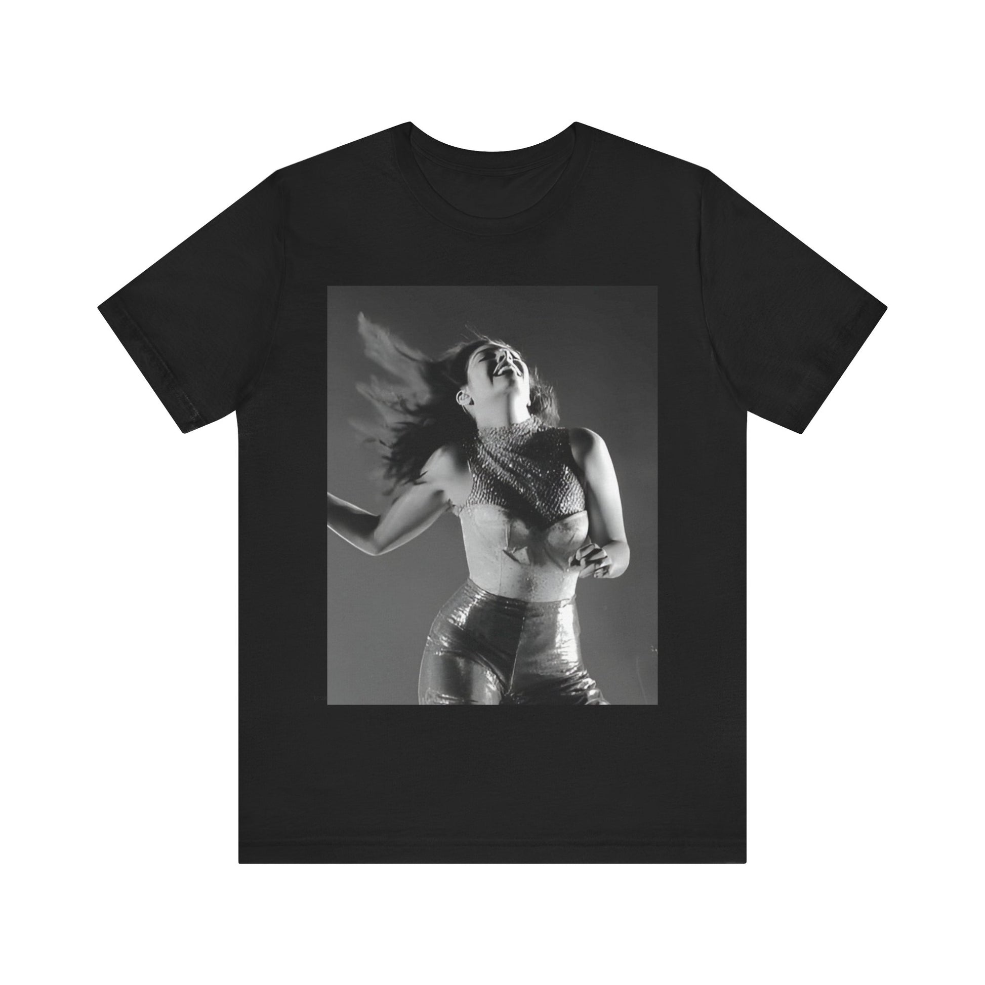 A black graphic t-shirt featuring a black and white, monochrome graphic or portrait of Lorde.