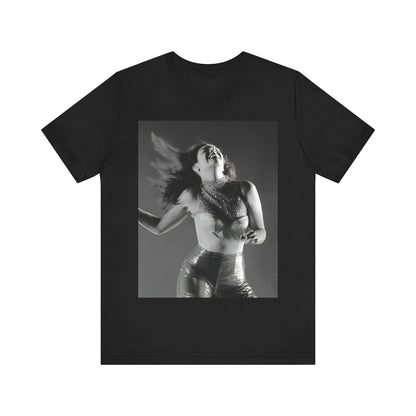 A black graphic t-shirt featuring a black and white, monochrome graphic or portrait of Lorde.