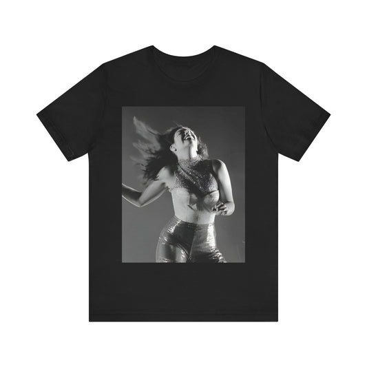 A black graphic t-shirt featuring a black and white, monochrome graphic or portrait of Lorde.