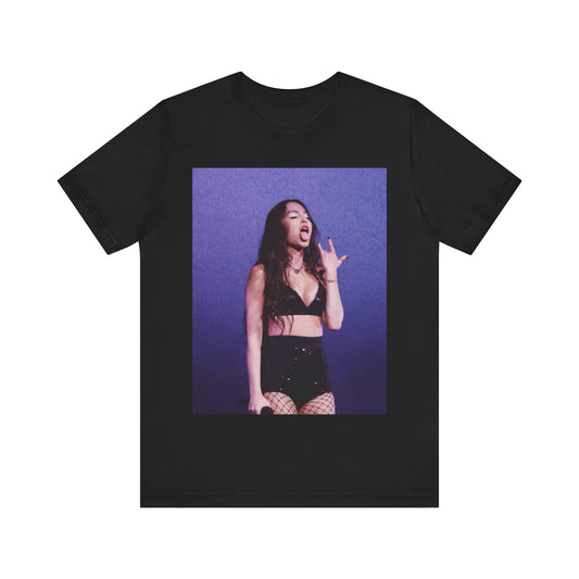 A black graphic t-shirt featuring a vintage alt pop graphic of Olivia Rodrigo.