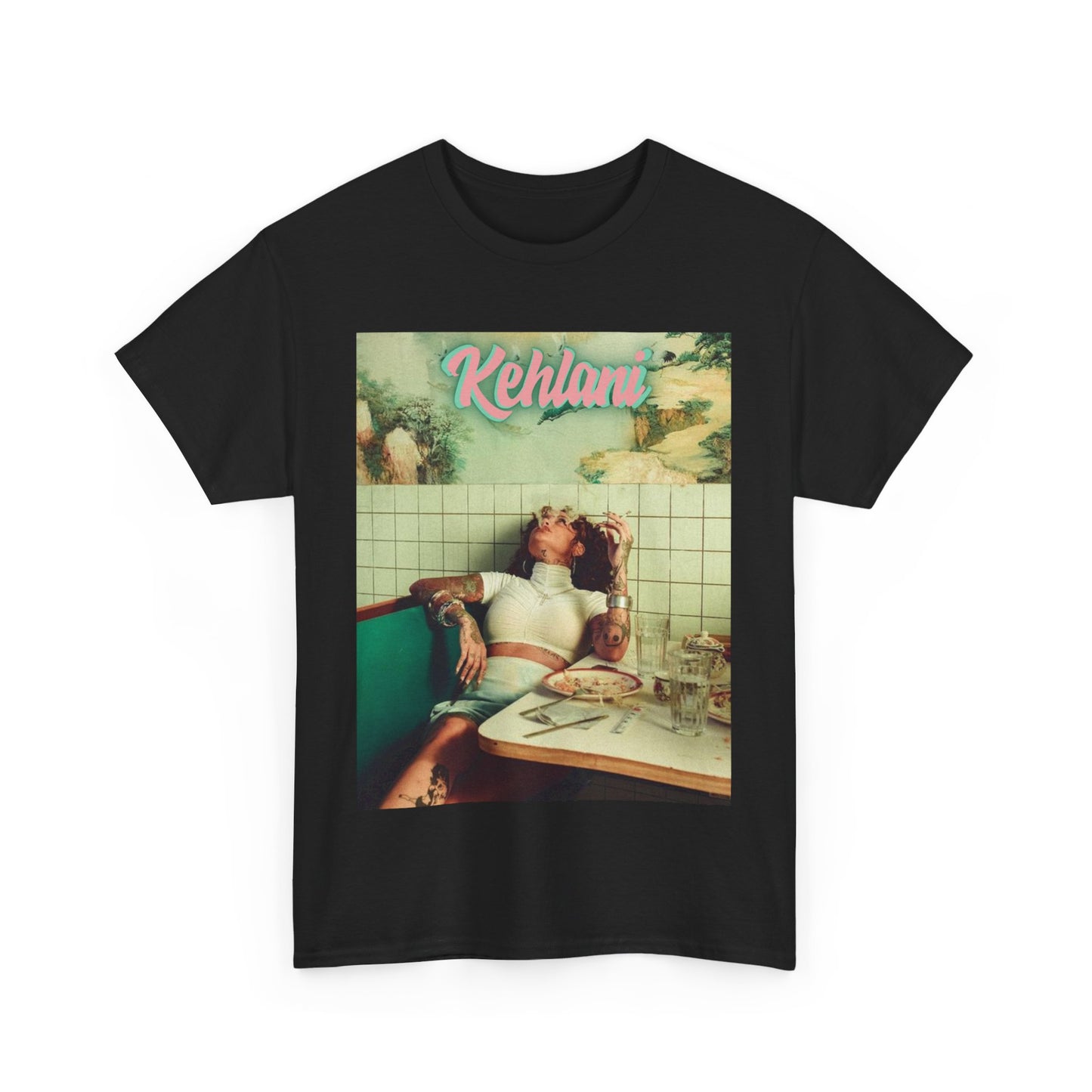 A black graphic t-shirt featuring a cool alt R&B artist graphic of Kehlani.
