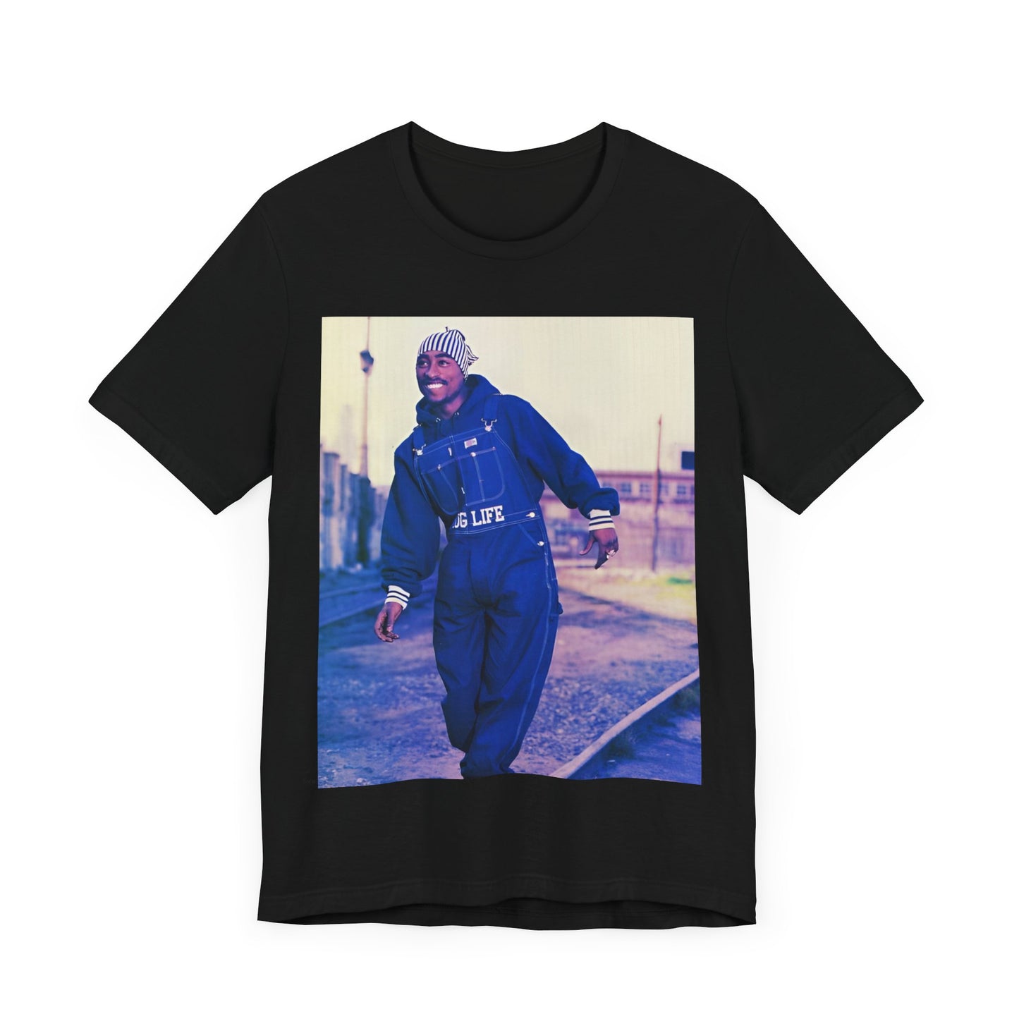 A black graphic t-shirt featuring a retro graphic related to Tupac's 'All Eyez On Me' album era.