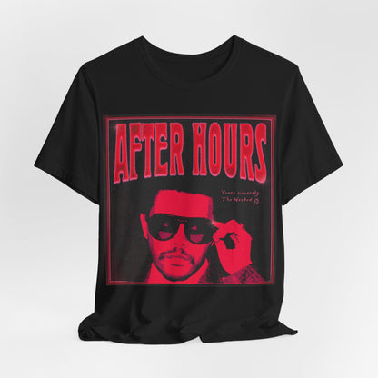 A black graphic t-shirt featuring a retro graphic related to The Weeknd's 'After Hours' album.