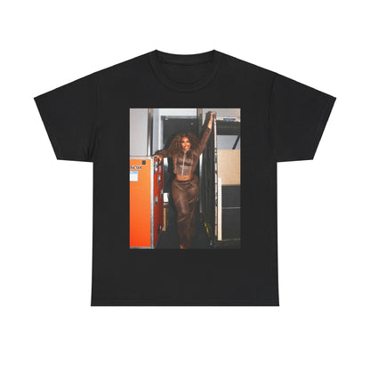 A black graphic t-shirt featuring a casual R&B fan graphic of SZA.