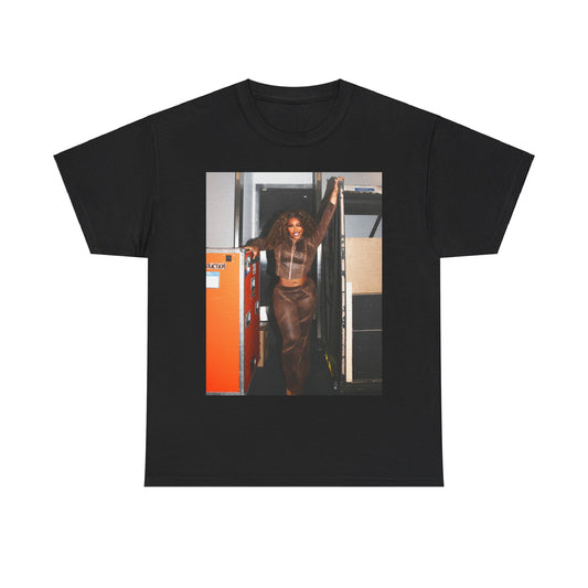 A black graphic t-shirt featuring a casual R&B fan graphic of SZA.