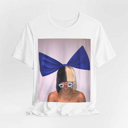 A black graphic t-shirt featuring a graphic of Sia with her iconic wig, in an aesthetic style.